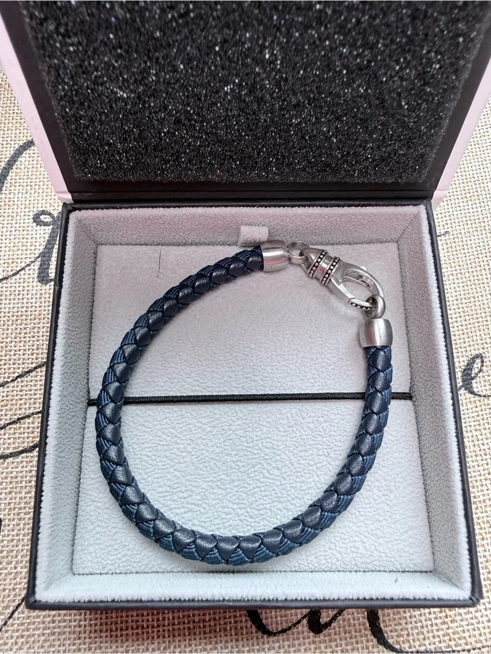 Men's Braided Leather Bracelet with Silver Clasp - Navy